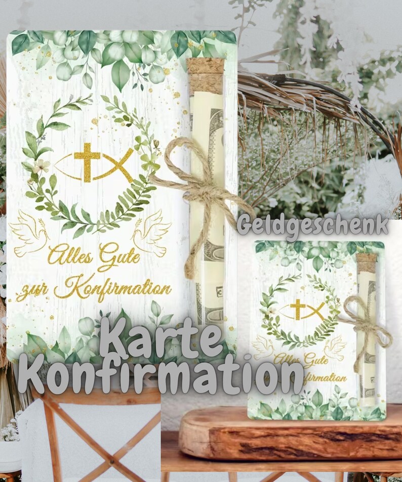 Geldgeschenk Holzkarte religiöse Feste – Wunscherfüller Gutschein mit Reagenzglas, Konfirmation, Kommunion, Firmung Geschenk bild 3