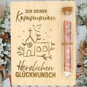 Geldgeschenk Holzkarte religiöse Feste – Wunscherfüller Gutschein mit Reagenzglas, Konfirmation, Kommunion, Firmung Geschenk bild 13