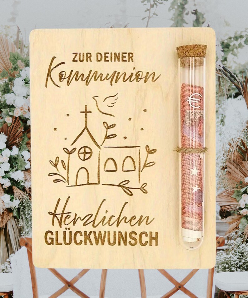 Geldgeschenk Holzkarte religiöse Feste – Wunscherfüller Gutschein mit Reagenzglas, Konfirmation, Kommunion, Firmung Geschenk bild 13