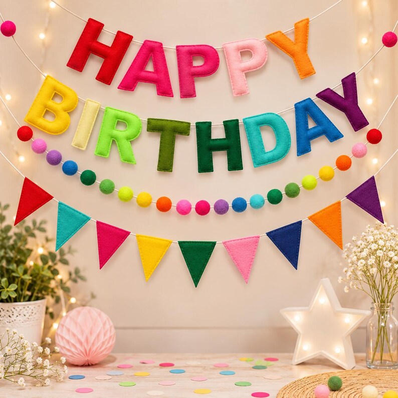 May include: A multi-colored felt banner spelling HAPPY BIRTHDAY in capital letters, accompanied by a string of small felt balls in various colors and a lower row of triangular felt pennants in red, teal, pink, yellow, green, and blue.