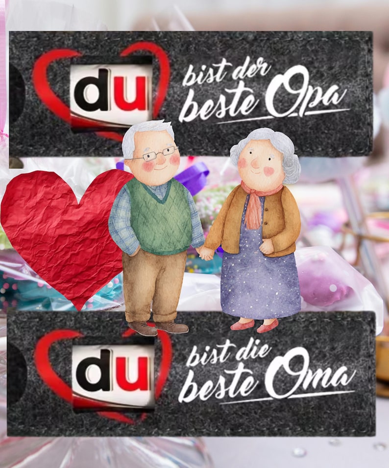 May include: A gift box with a watercolor illustration of an elderly couple holding hands. The box has the text "du" inside a red heart, and the words "bist der beste Opa" and "bist die beste Oma" in white script.