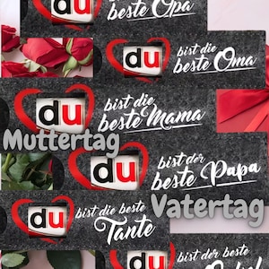 May include: A collage of gray rectangular plaques with red heart accents and white text. The plaques read "du" inside a heart, with phrases like "best grandpa," "best grandma," "Mother's Day," and "Father's Day."