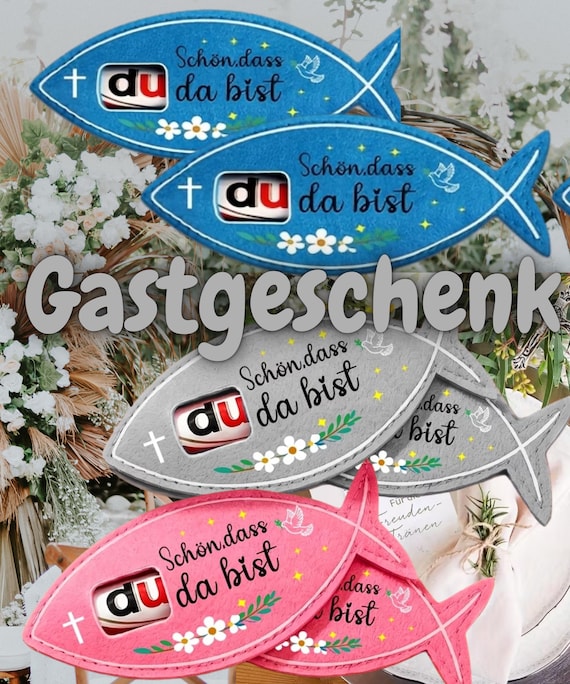 Fisch Filztasche Gastgeschenk | Schön dass du da bist | Kommunion Mitgebsel | Konfirmation Geschenk | Filz Verpackung Schokoriegel, duplo