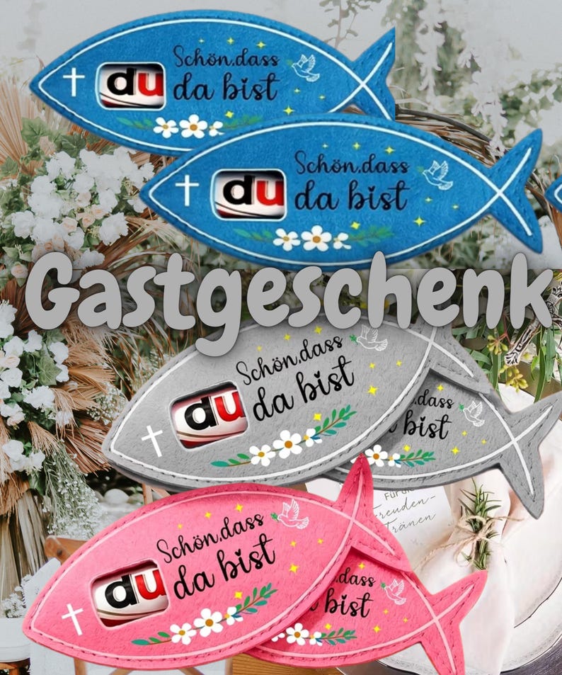 Fisch Filztasche Gastgeschenk | Schön dass du da bist | Kommunion Mitgebsel | Konfirmation Geschenk | Filz Verpackung Schokoriegel, duplo image 1
