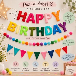 May include: A three-piece party decoration set featuring a felt letter banner spelling HAPPY BIRTHDAY in multi-colored 4.33 inch tall letters, a colorful pom-pom garland, and a triangular pennant banner with 6.3 inch tall flags.