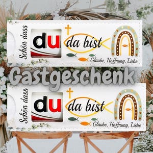 Gastgeschenk Kommunion « Schön dass du da bist », Filz Geschenkverpackung für Duplo, Hochzeit, Konfirmation, Firmung, Jugendweihe image 1
