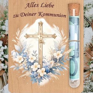 Geldgeschenk Holzkarte religiöse Feste – Wunscherfüller Gutschein mit Reagenzglas, Konfirmation, Kommunion, Firmung Geschenk bild 6
