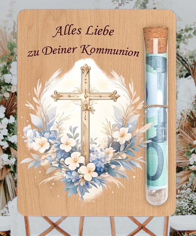 Geldgeschenk Holzkarte religiöse Feste – Wunscherfüller Gutschein mit Reagenzglas, Konfirmation, Kommunion, Firmung Geschenk bild 6