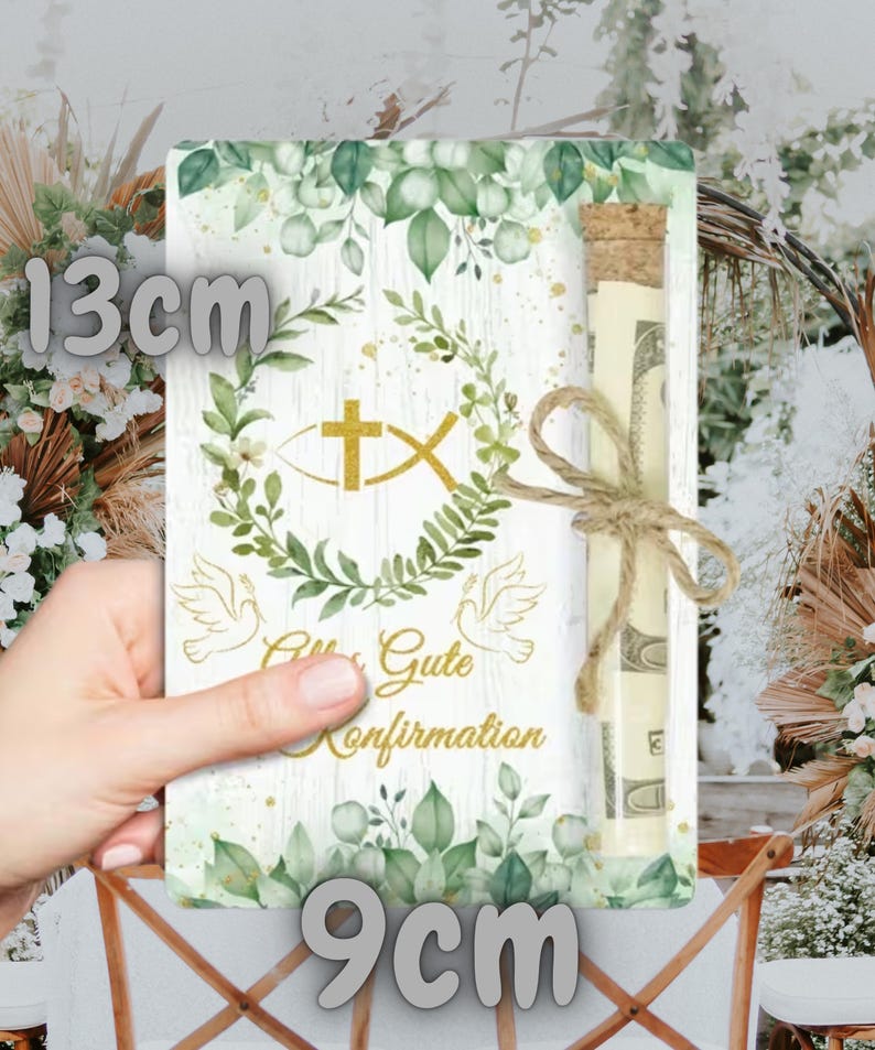 Geldgeschenk Holzkarte religiöse Feste – Wunscherfüller Gutschein mit Reagenzglas, Konfirmation, Kommunion, Firmung Geschenk bild 12