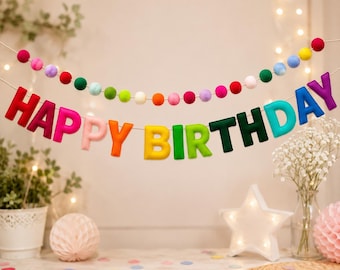 Happy Birthday Girlande aus Filz | Wiederverwendbare Geburtstagsdeko | Filz Schriftzug mit Pompons | Nachhaltige Partydeko Zero Waste Banner