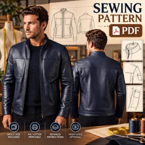 Men's Leather Jacket Sewing Pattern PDF, Biker Jacket Pattern for Men, Zip Up Jacket Digital Download, DIY Leather Jacket Template, Unisex