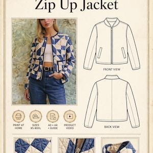 May include: A sewing pattern for a zip-up jacket, featuring a quilted blue and white patchwork design. The document includes a photograph of the jacket, front and back technical line drawings, and close-up details of the fabric, zipper, and collar.