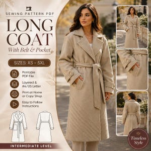 May include: A beige long coat sewing pattern PDF featuring a notched lapel, a tie belt at the waist, and side pockets. The design includes long sleeves with buttoned cuffs and diagonal stitching details on the lower front panels. Sizes XS-5XL.
