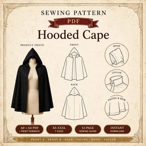 May include: A PDF sewing pattern for a hooded cape. The image displays a black cape on a mannequin, front and back line drawings, and circular detail views of the hood, collar, and hem. Text includes SEWING PATTERN, PDF, Hooded Cape, XS-XXXL, 7 SIZES, 12-PAGE SEWING GUIDE, and A0 + A4 PDF / PRINT FORMATS.