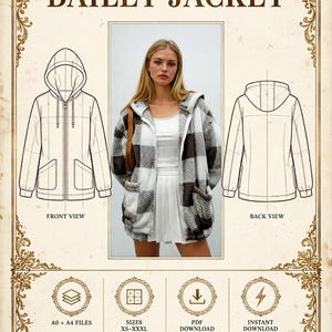May include: A PDF sewing pattern for the Bailey Jacket, featuring a front and back technical sketch, a photograph of a white and grey plaid fleece jacket with a hood, zipper, and side pockets, plus close-up details of the zipper, hood, and cuff.