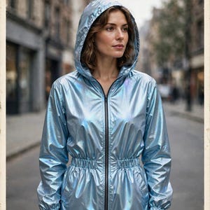 May include: A hooded anorak jacket sewing pattern featuring a metallic light blue finish, a front zipper closure, an elasticized waist, and long sleeves with elastic cuffs. The text reads HOODED ANORAK JACKET SEWING PATTERN and SIZES XS-5XL PDF DOWNLOAD.