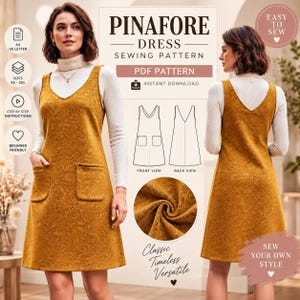 Op de afbeelding: Een mosterdgele pinafore-jurk met een subtiel bloemenpatroon, voorzien van een V-hals en twee opgestikte voorzakken. De afbeelding toont een naaipatroon voor deze jurk, inclusief voor- en achteraanzichten, stoftextuur en tekstlabels.