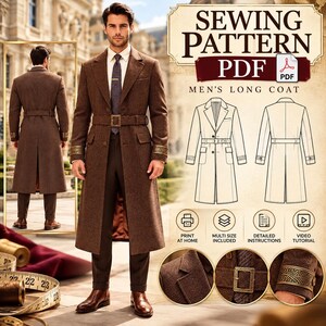 Patrón de costura en PDF para abrigo largo de hombre, patrón de abrigo steampunk vintage, gabardina con cinturón, descarga digital, patrón de costura de disfraz imprimible