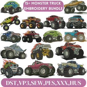 May include: A selection of monster truck embroidery designs in various colours. The image features trucks with distinctive designs, such as a shark, a dinosaur, and trucks with flames. Text reads "15+ MONSTER TRUCK EMBROIDERY BUNDLE".