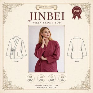 May include: A digital sewing pattern for a Jinbei wrap-front top. The image displays a maroon wrap-front top, technical line drawings of the front and back views, and text including 'JINBEI WRAP-FRONT TOP', 'PDF', and 'BUST 34-46 IN'.