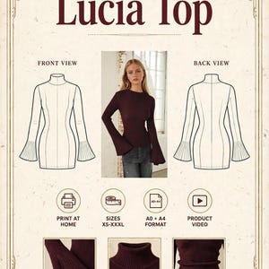 May include: A digital sewing pattern for the Lucia Top, featuring a high neckline, fitted waist, and flared bell cuffs. The document includes front and back technical sketches, a photograph of the finished garment, and icons for printing, sizing from XS to XXXL, and format options.