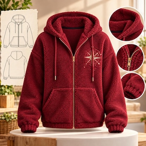 Puede incluir: Una sudadera con capucha y cremallera de forro polar sherpa en color rojo oscuro, con cremallera dorada y un gráfico de rosa de los vientos en blanco en el pecho. Incluye capucha con cordones, mangas largas y dos bolsillos frontales.