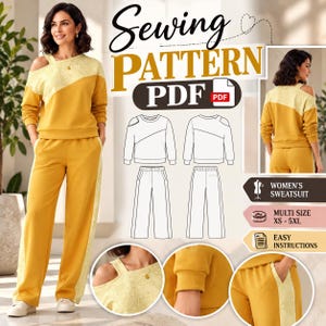 Puede incluir: Un patrón de costura digital para un conjunto de chándal amarillo mostaza que incluye una parte superior con hombros descubiertos y panel crema texturizado, y pantalones anchos a juego con rayas laterales. El PDF incluye dibujos técnicos, tallas XS-5XL.
