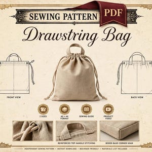Naaipatroon voor een tas met trekkoord | 2 maten: normaal en groter | PDF-patroon (A0/A4) | ​​Gevoerde canvas tas