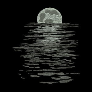 May include: A full moon reflected in the water, creating a rippling effect. The moon is a light grey colour and the water is a dark grey colour.