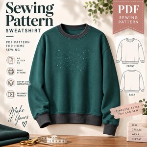 Könnte beinhalten: Ein dunkelgrünes Sweatshirt mit anthrazitfarbenem Rippstrickkragen, Bündchen und Saum, verziert mit einer feinen weißen Sternbildstickerei auf der Brust. Das Bild enthält Text für ein PDF-Schnittmuster sowie Skizzen der Vorder- und Rückseite.