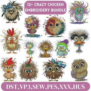 Motif de broderie drôle de poulet fou, Broderie d&#39;oiseaux fous, Broderie de poulet fou, Broderie de poulet mignon, Motif de broderie machine