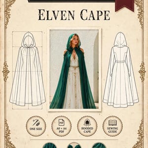 Patron de couture PDF pour cape elfique, cape à capuche, cape fantastique avec col, taille unique, A0 + A4, téléchargement numérique