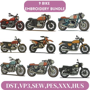 Może przedstawiać: Zestaw do haftu z dziewięcioma różnymi wzorami motocykli w różnych kolorach. Motocykle obejmują modele czerwone, pomarańczowe, niebieskie i czarne. Tekst "9 BIKE EMBROIDERY BUNDLE" znajduje się na górze, a "DST, VP3,SEW,PES,XXX,HUS" na dole.