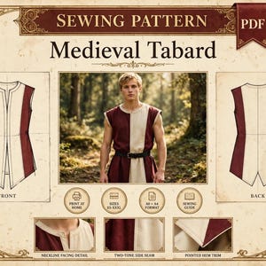 Medieval Tabard Sewing Pattern Pdf, Knight Surcoat Costume, Renaissance Larp Tunic Vest, Sizes XS-XXXL, A0 + A4
