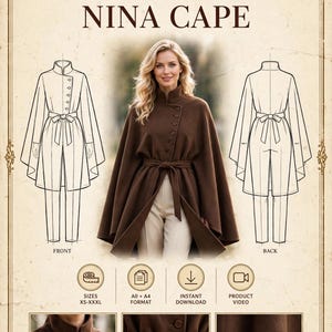 May include: A PDF sewing pattern for the Nina Cape, featuring technical line drawings of the front and back views, a photograph of the brown cape with a high collar and tie waist, and detail shots of the buttons and hem.