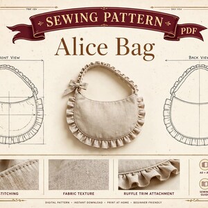 May include: A digital sewing pattern for an Alice Bag, featuring a beige crescent-shaped bag with a ruffle trim and a side bow. The layout includes a front view diagram, a back view diagram, and close-up photos of the stitching, fabric texture, and ruffle trim attachment.