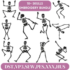 May include: A set of 10+ black skeleton embroidery designs in various poses. The designs are perfect for Halloween crafts and projects. The text "10+ SKULLS EMBROIDERY BUNDLE" is at the top of the image. The text "DST, VP3, SEW, PES, XXX, HUS" is at the bottom of the image.