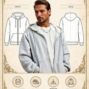 May include: A digital sewing pattern for the Lucas Hoodie, featuring a front and back technical sketch, a photograph of a light gray zip-up hoodie, and circular detail shots of the zipper, ribbed cuff, and drawstring. Includes A0 and A4/Letter formats.
