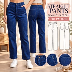 May include: A pair of dark blue straight-leg pants featuring a subtle diamond-shaped pattern. The image includes text reading STRAIGHT PANTS SEWING PATTERN PDF PATTERN, along with technical line drawings of the front and back of the pants.