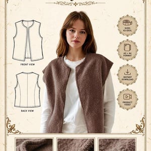 May include: A digital sewing pattern for the Betsy Vest, featuring a brown sleeveless vest with a rounded neckline, open front, and bouclé fabric. Includes front and back technical sketches, size range XS-XXXL, and detailed close-up images of the neckline binding, open front edge, and fabric weave.