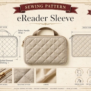 May include: A sewing pattern for an eReader sleeve featuring a beige quilted diamond-stitched case with a fabric handle and zipper closure. The document includes front and back technical diagrams, detail shots of the zipper, stitching, and lining, plus icons for A0 and A4 paper sizes.