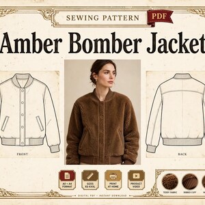 May include: A digital PDF sewing pattern for an Amber Bomber Jacket. The image displays a brown teddy fabric jacket, front and back technical line drawings, and icons indicating A0 and A4 formats, sizes XS-XXXL, and print-at-home options.