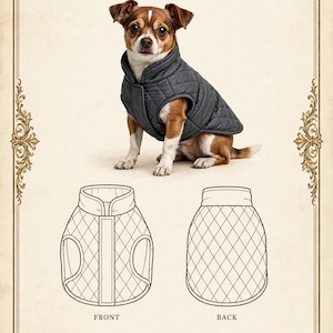 Könnte beinhalten: Ein PDF-Schnittmuster für einen Hundemantel mit einem kleinen braun-weißen Hund in einem dunkelgrauen gesteppten Mantel. Das Dokument enthält Vorder- und Rückansichten, Größen 2XS-5XL, A0-Schnittmuster, 1cm Nahtzugabe und eine Tabelle.