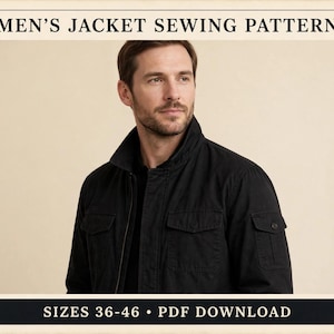 May include: A black jacket sewing pattern featuring a high collar, two chest pockets with flaps, and a small pocket on the sleeve. The text reads MEN'S JACKET SEWING PATTERN and SIZES 36-46 • PDF DOWNLOAD. The design is shown on a neutral background.