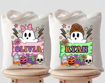 Personalized Retro Halloween Trick or Treat Bag, Custom Canvas Tote