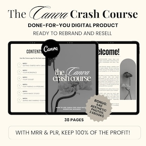Puede incluir: Una maqueta de producto digital en blanco y negro que muestra una pantalla de tableta con el texto "The Canva Crash Course" y "DONE-FOR-YOU DIGITAL PRODUCT". La pantalla de la tableta muestra una tabla de contenido con el texto "CONTENTS Canva" y una página de bienvenida con el texto "Welcome!" La pantalla de la tableta también muestra una oferta de bonificación de 640 fotos estéticas y 3 libros electrónicos. El texto "WITH MRR & PLR, KEEP 100% OF THE PROFIT!" se muestra debajo de la tableta.