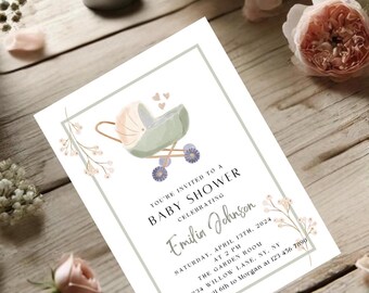 Bewerkbare sjabloon uitnodiging babyshower – rustieke bloemenrand met kinderwagenontwerp – digitale download