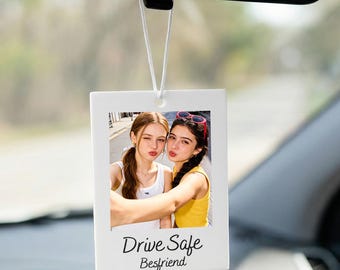 Colgante personalizado para espejo retrovisor con foto, regalo para mi mejor amigo/a, recuerdo personalizado de "Conduce con seguridad", regalo para conductor novel, primer coche