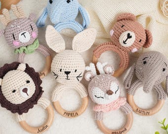 Personalized Crochet Rattle with Name,Custom Animal Rattle,Crochet Toy Rattle for Babies,Baby Shower Gift,Newborn Gift,Gift for Nephew Niece