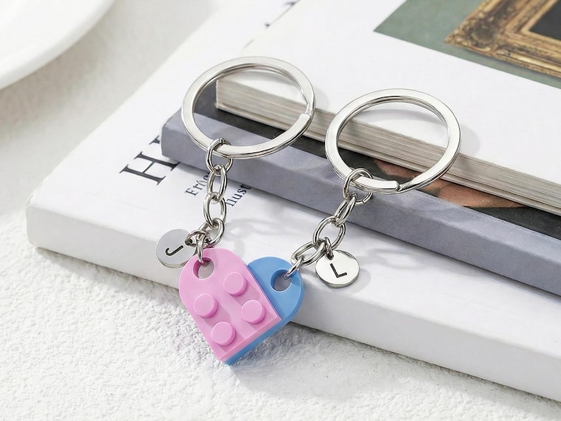 Personalized Initial Brick Heart Keychain Set, Matching Couple ...